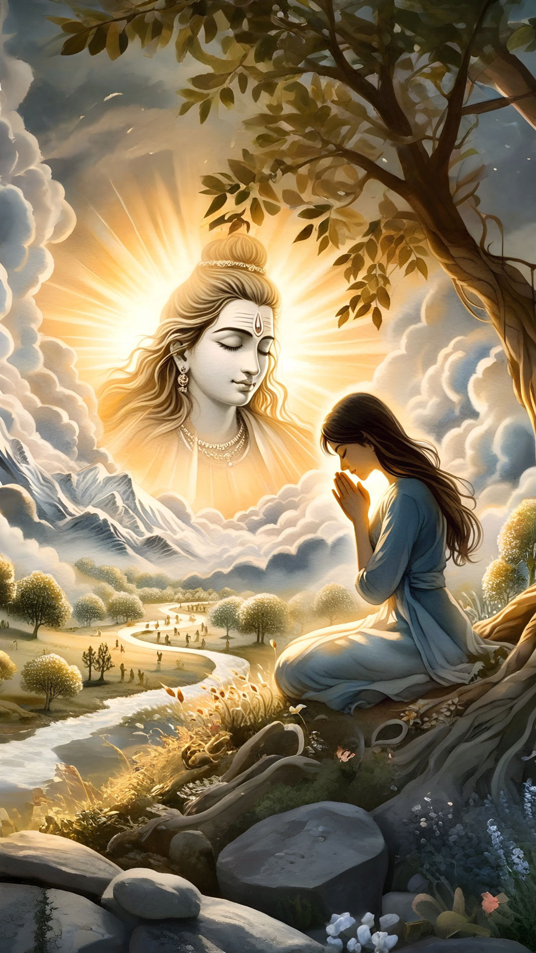 Shiva blessing a devotee in landscape