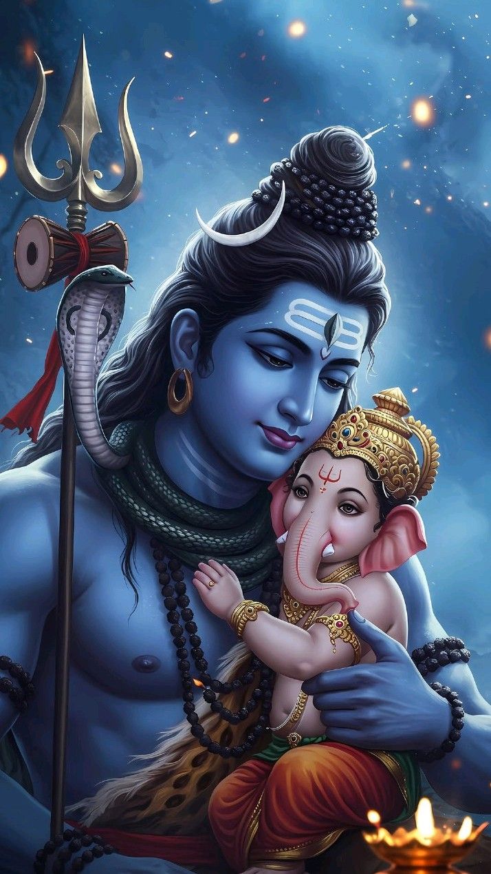 Shiva cradles baby Ganesha lovingly.