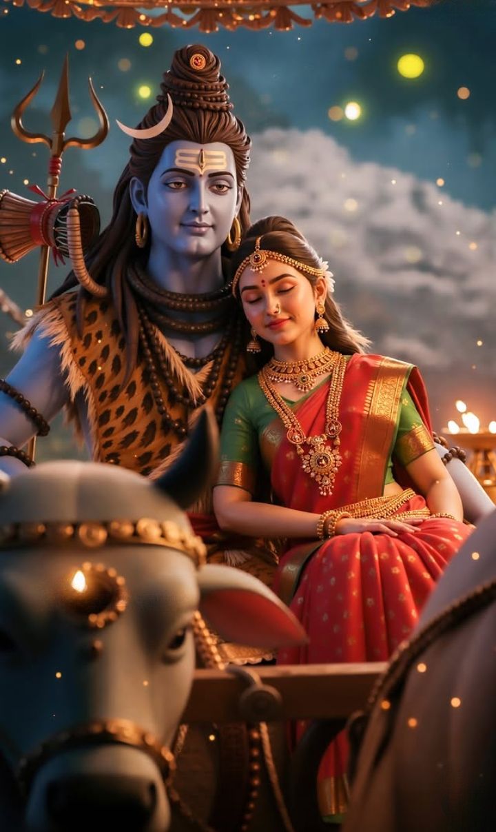 Shiva Parvati embracing on Mount Kailash