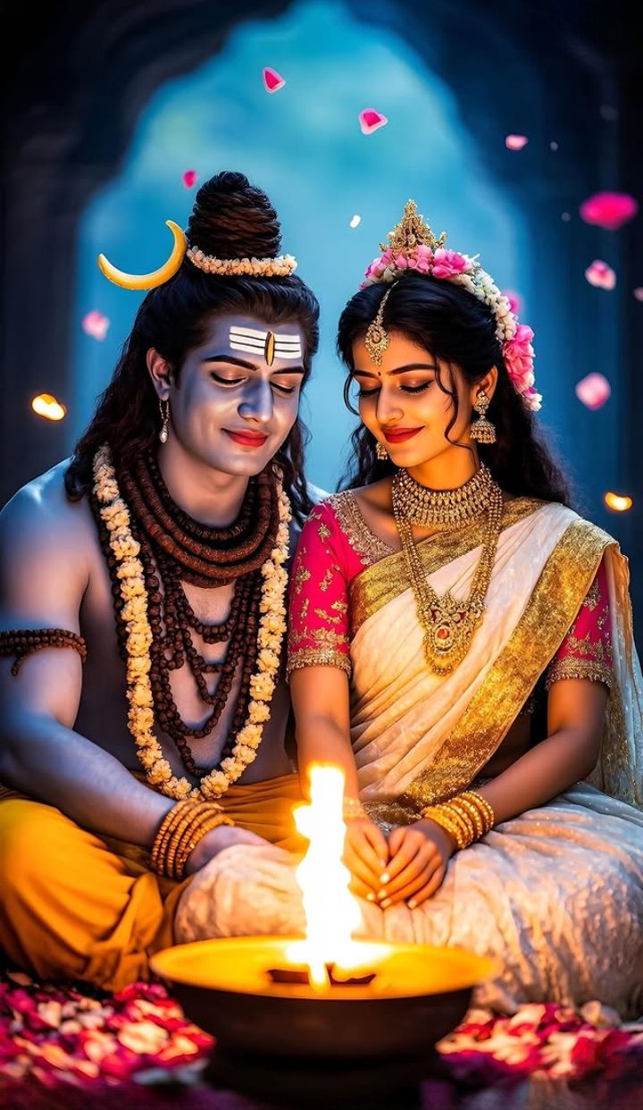 Shiva and Parvati lighting a diya
