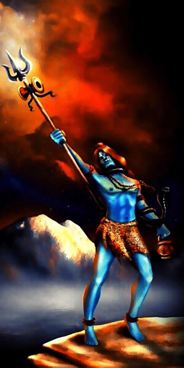 Lord Shiva raising Trishul on mountain