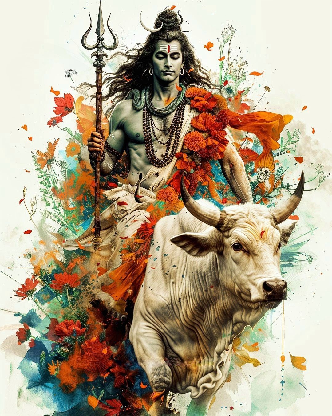 Shiva riding Nandi amongst colorful flowers.