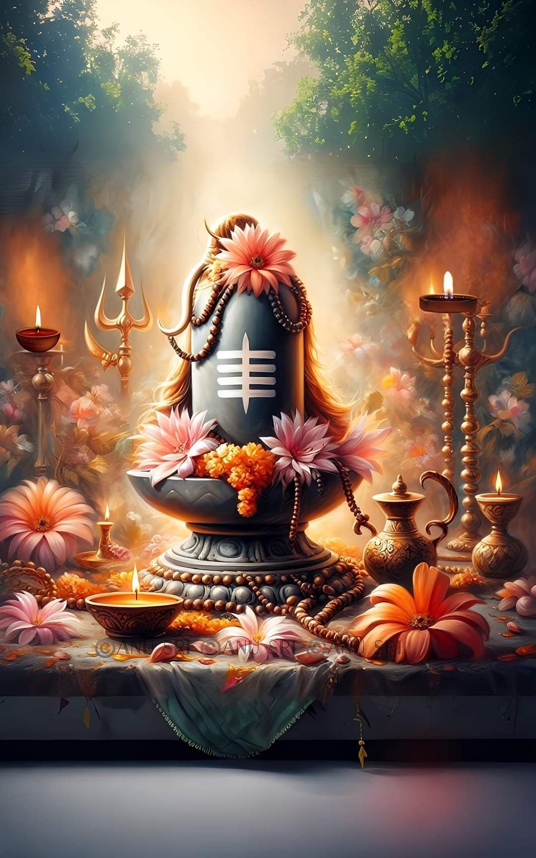 Shiva lingam with flowers and sacred offerings
