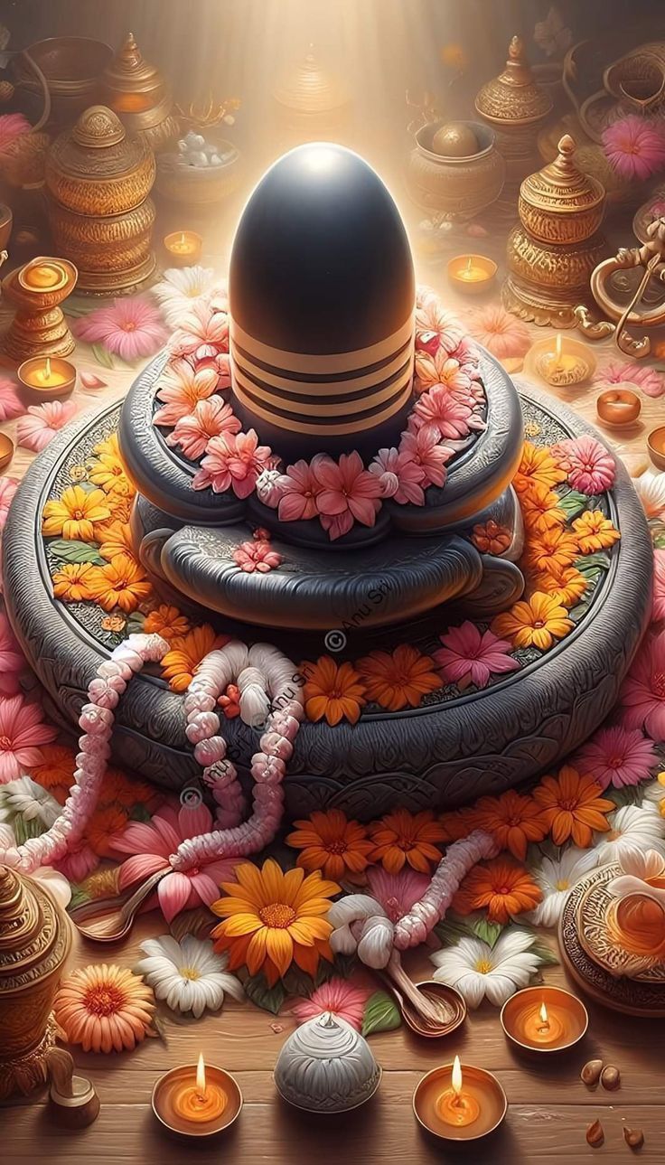 Shiva Linga with flower offerings
