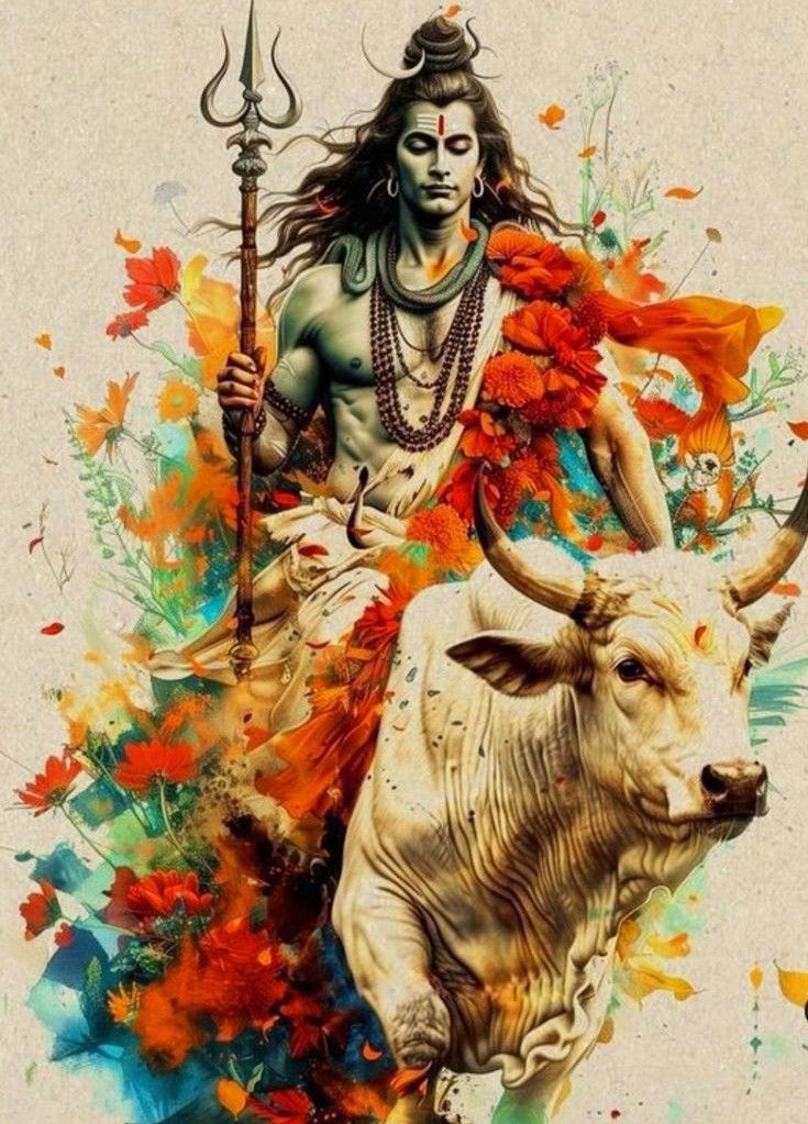 Shiva riding Nandi bull with flowers