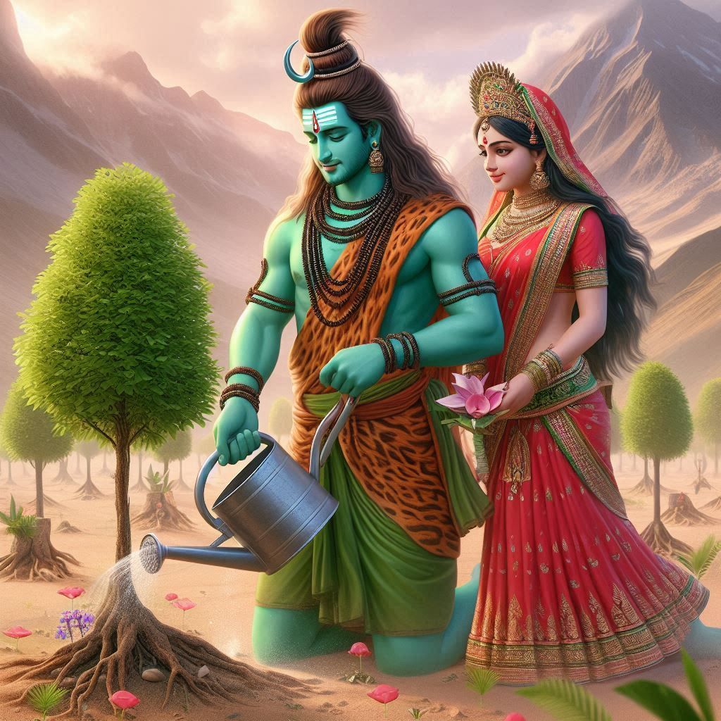 Shiva and Parvati in a divine garden.