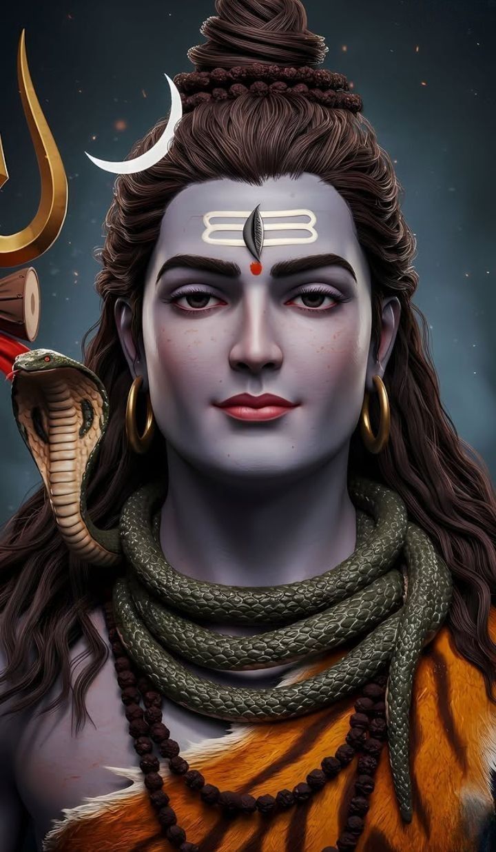 Lord Shiva portrait with serpent and trident.