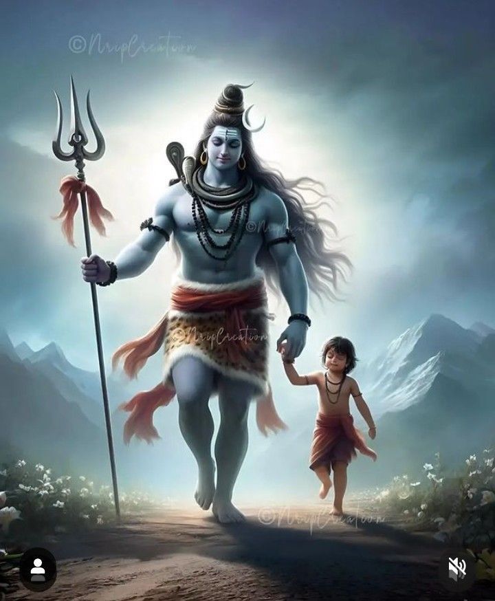 Shiva guiding a child through mountains
