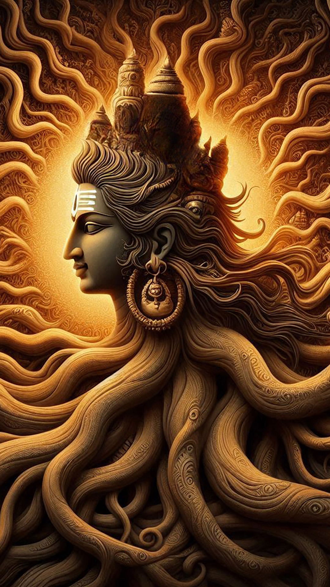 Golden Mahadev portrait with flowing hair