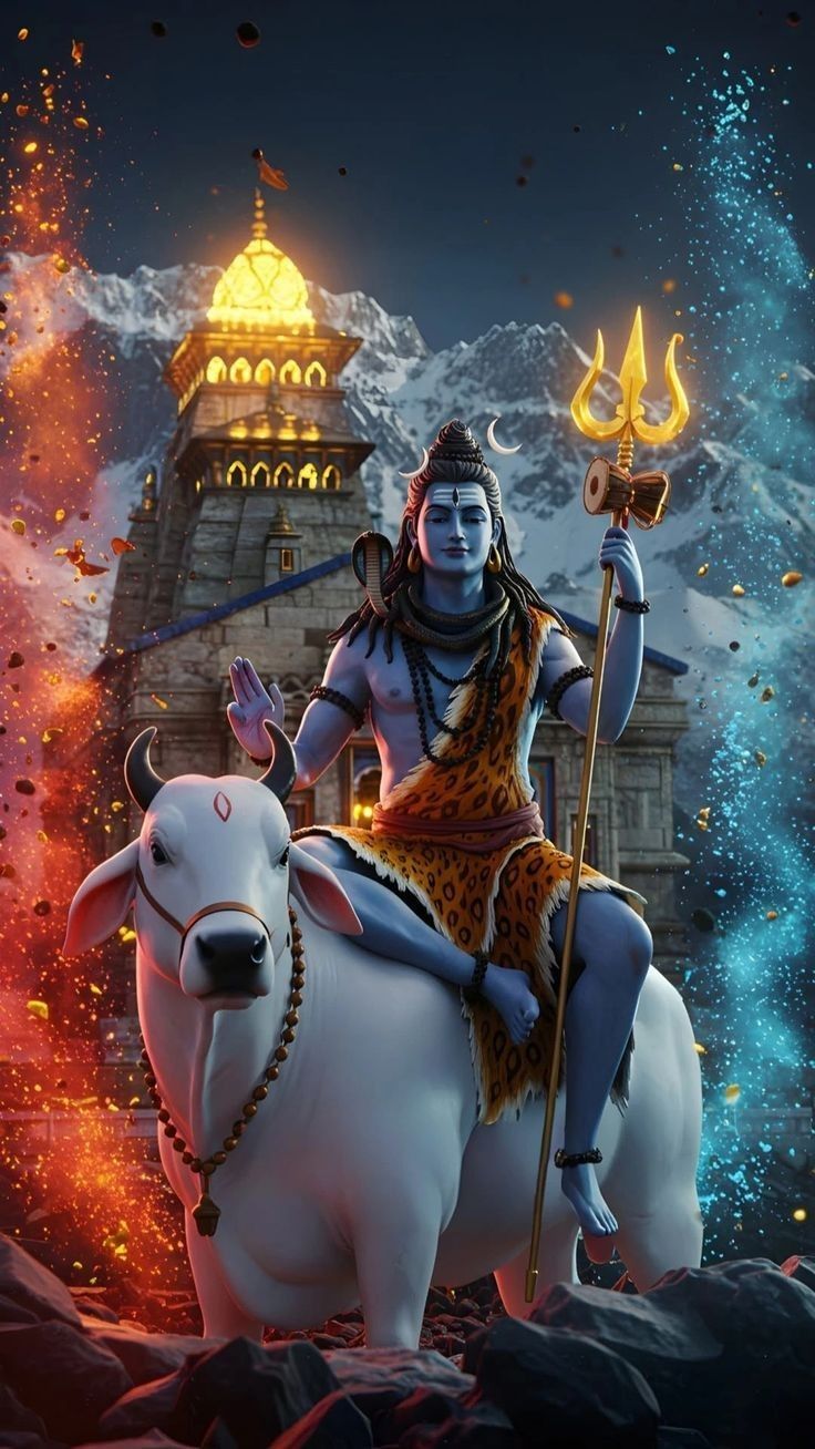 Shiva riding Nandi amidst snowy peaks