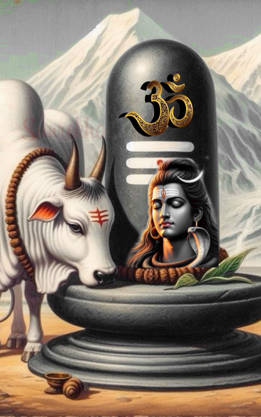 Shiva meditating with Nandi and Shivalinga