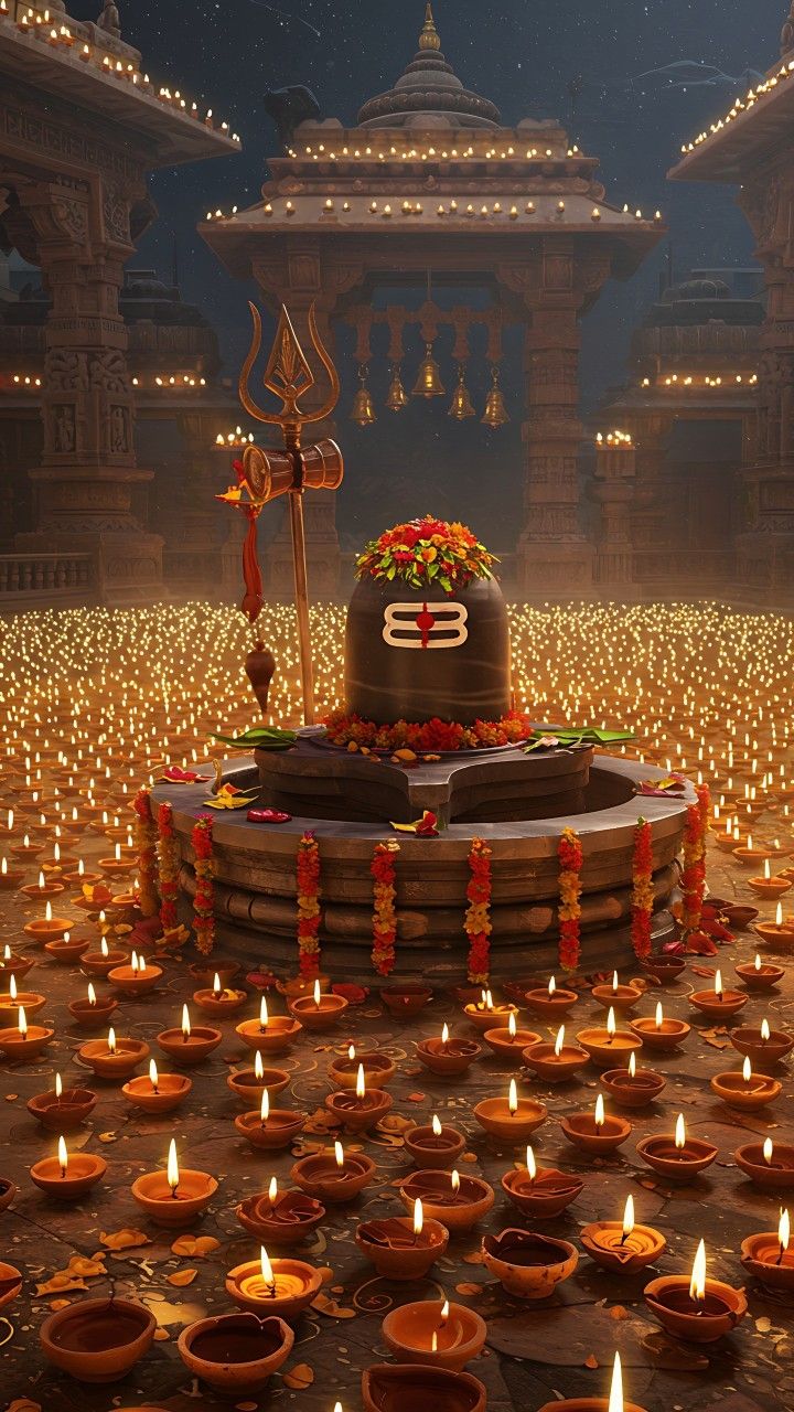 Shiva Linga amidst lit diyas