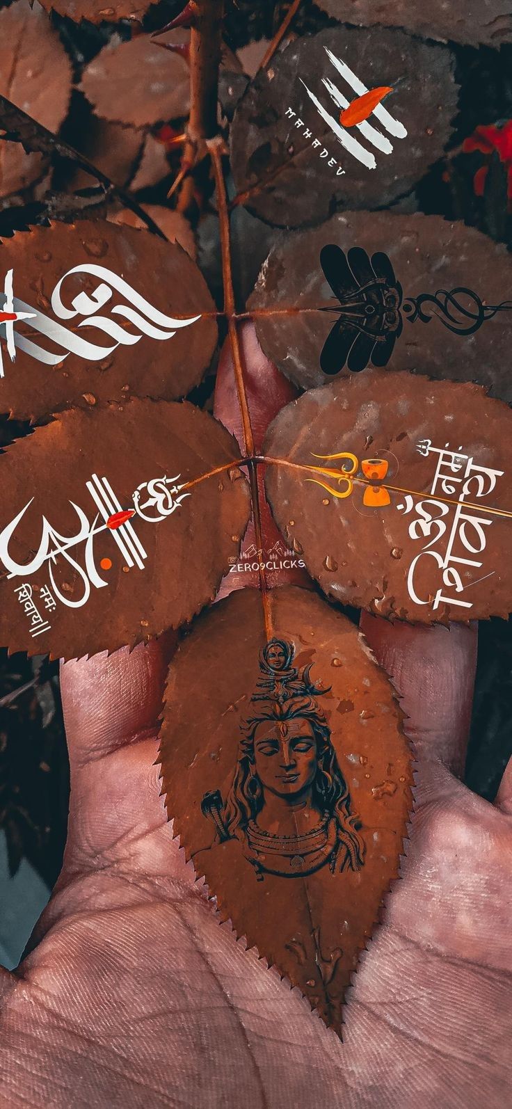 Shiva artwork on a leaf with symbols