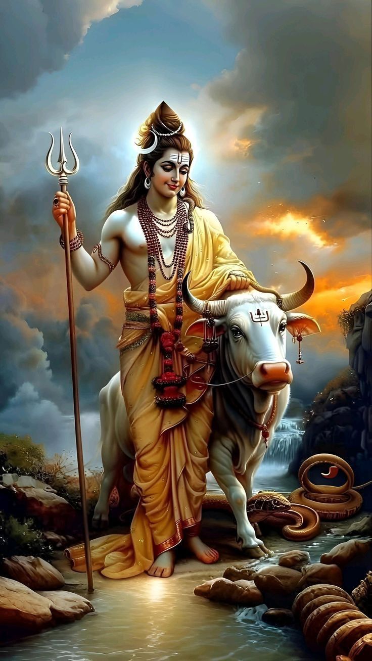 Shiva with Nandi in majestic landscape