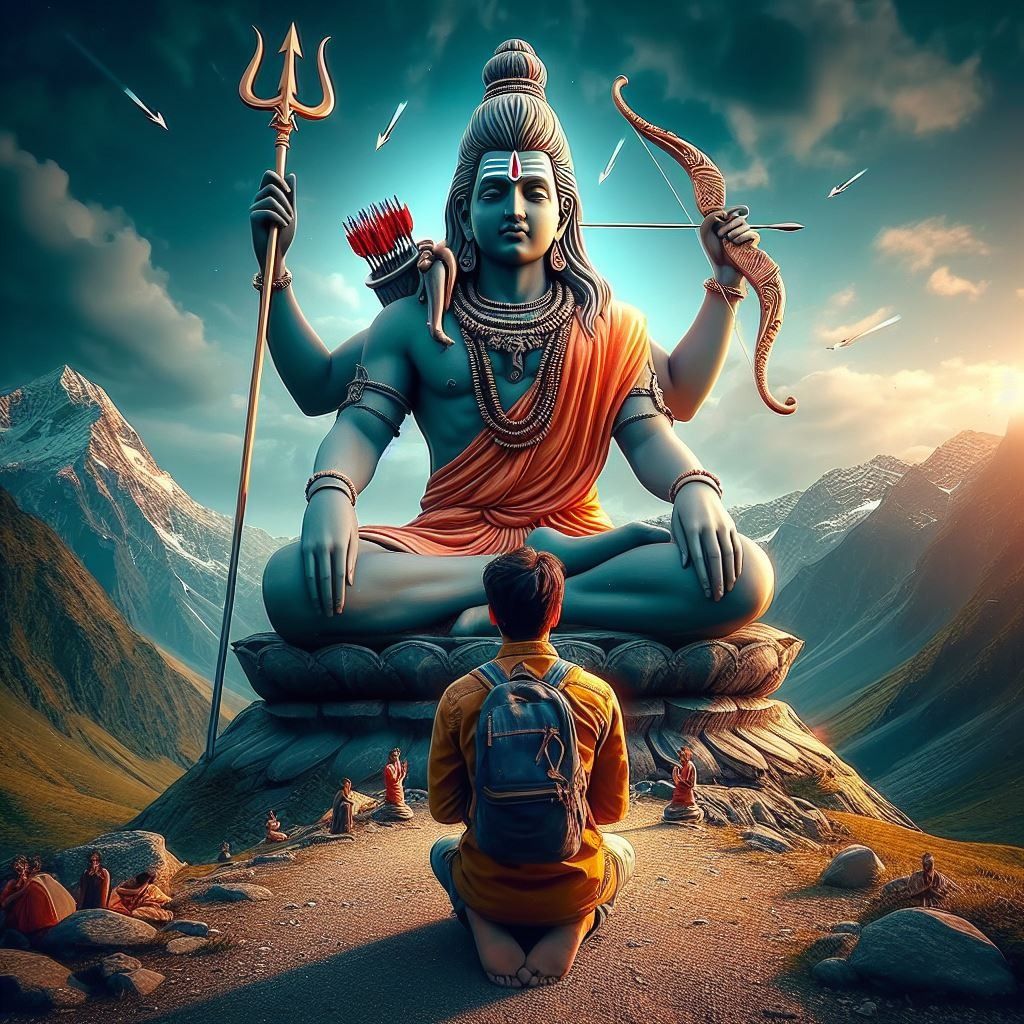 Lord Shiva meditating in the mountains.