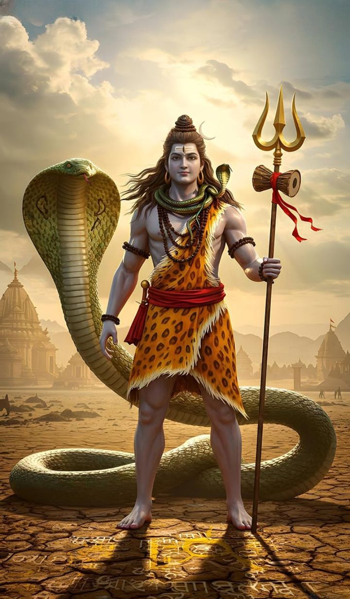 Lord Shiva with trident and serpent.
