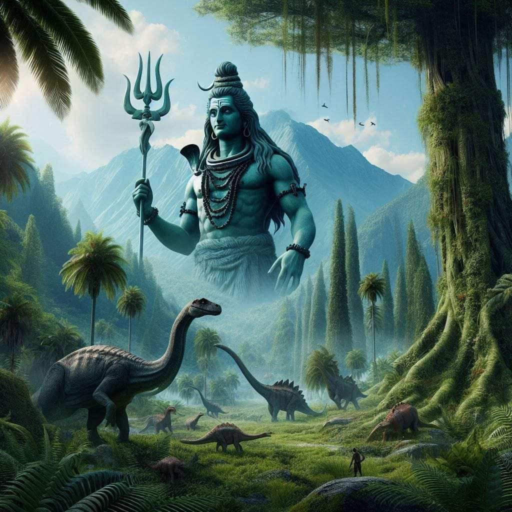 Shiva stands amidst ancient dinosaurs.