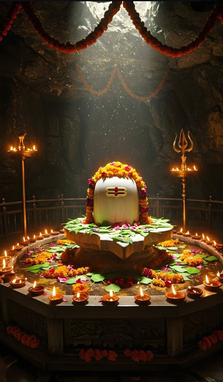 Shiva Linga in a decorated cave temple