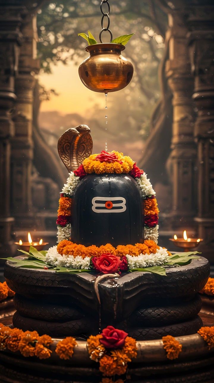 Shiva Lingam with snake and flowers