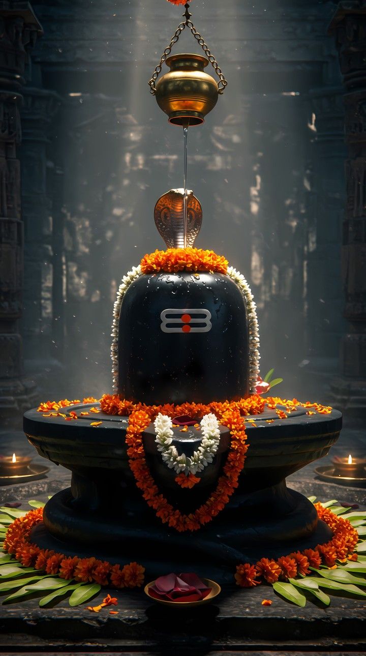 Shiva lingam with flowers and lamp
