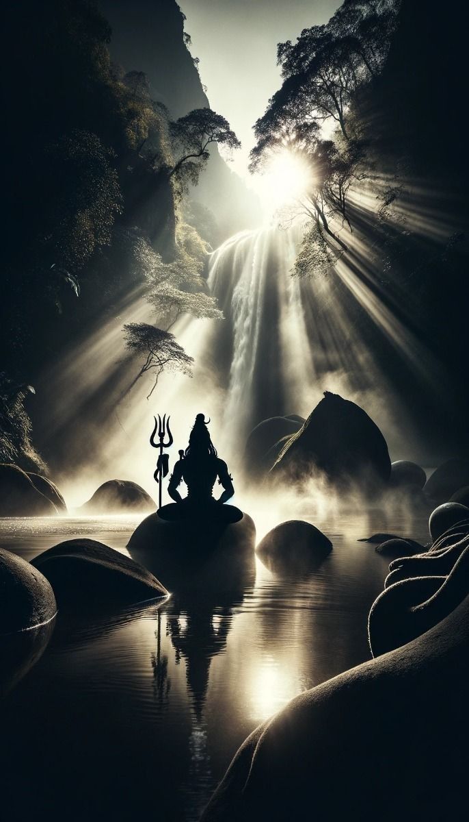 Shiva meditating near a waterfall