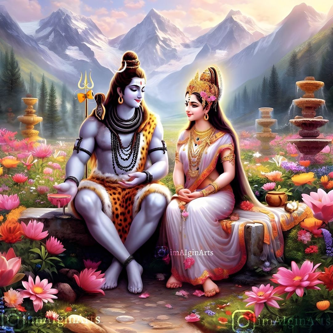 Shiva and Parvati meditating in Himalayas