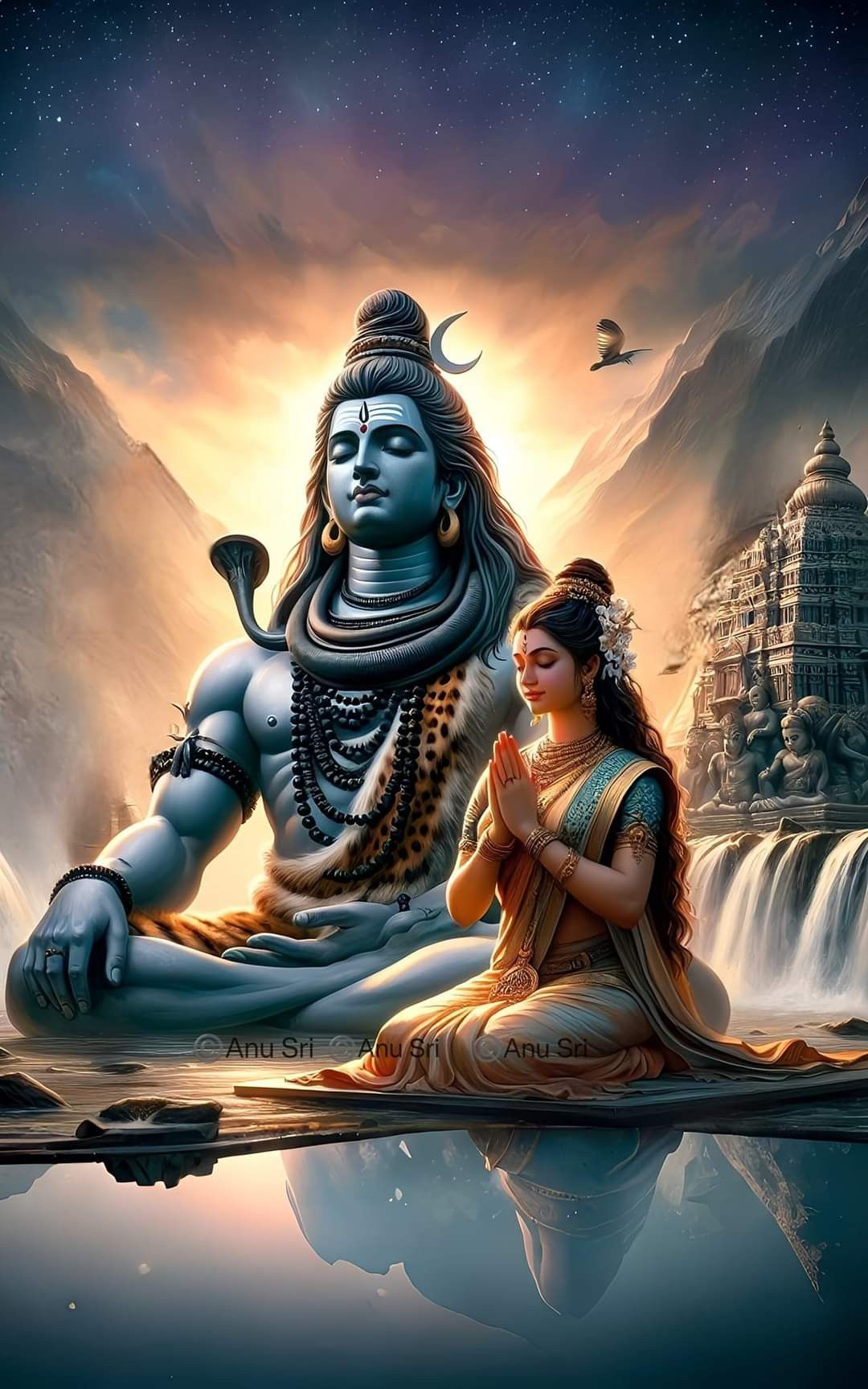Shiva and Parvati meditating in mountains