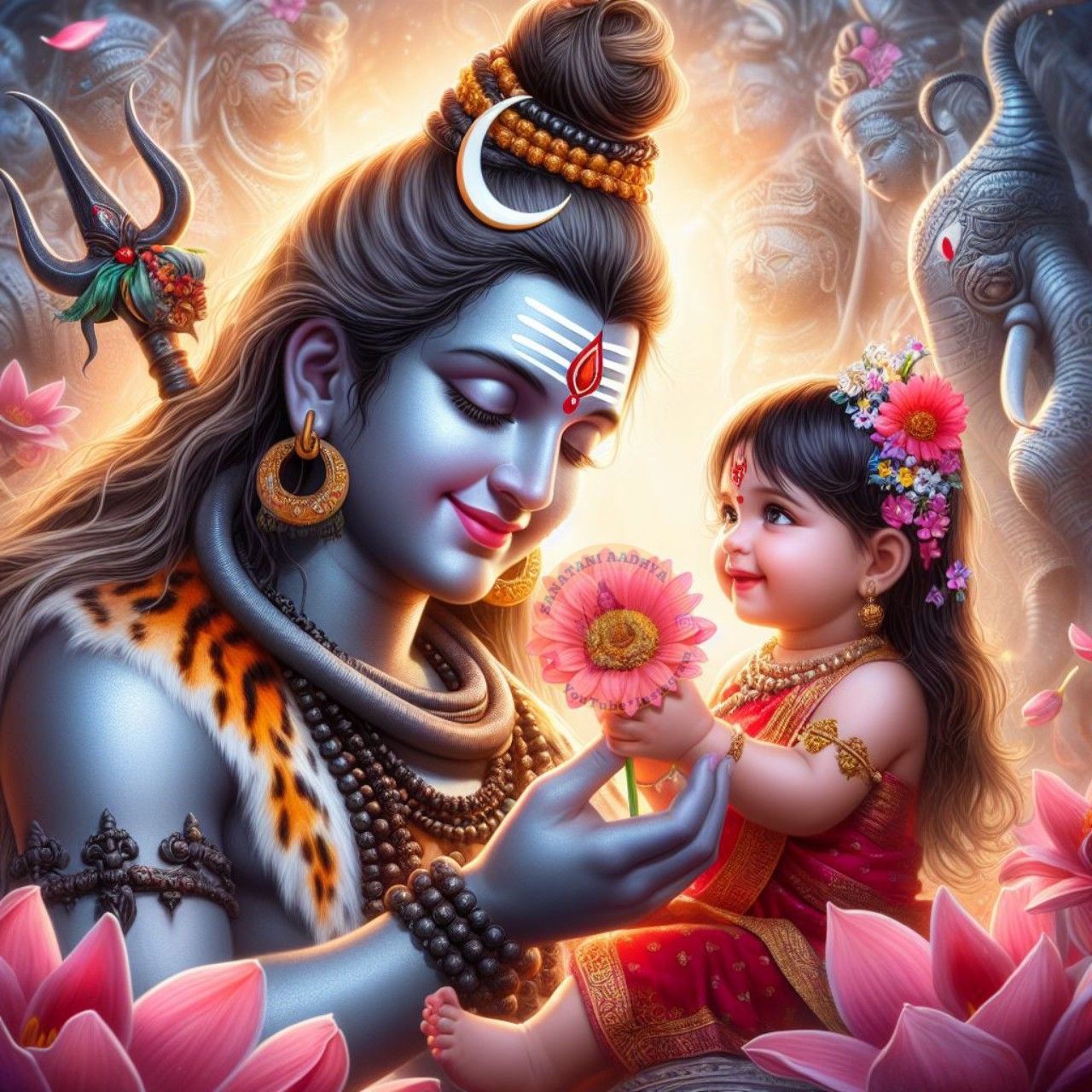 Shiva with a child offering flower