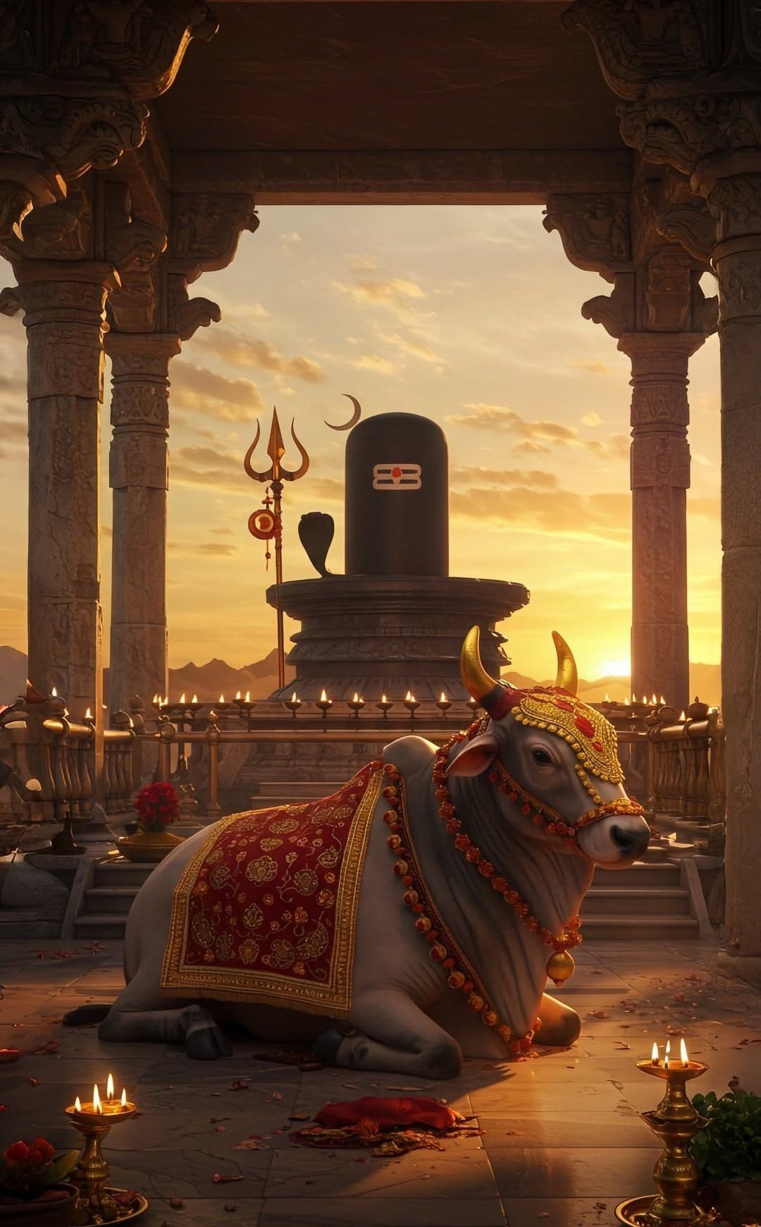 Shiva temple with Nandi at sunset.
