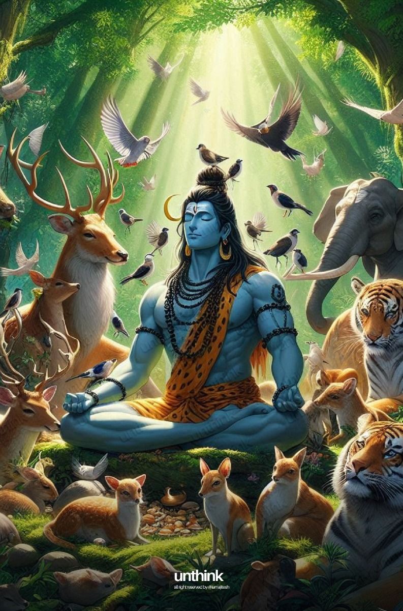 Shiva meditating surrounded by forest animals