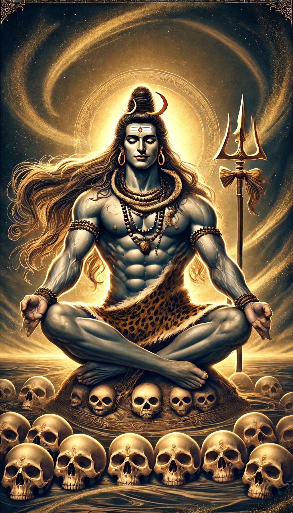 Lord Shiva meditating on skulls