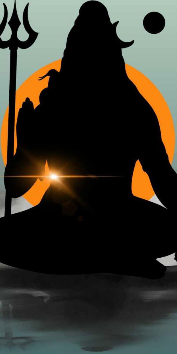 Shiva meditating against orange sun