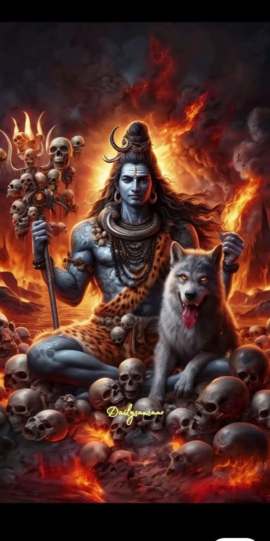 Powerful Shiva meditating amongst skulls