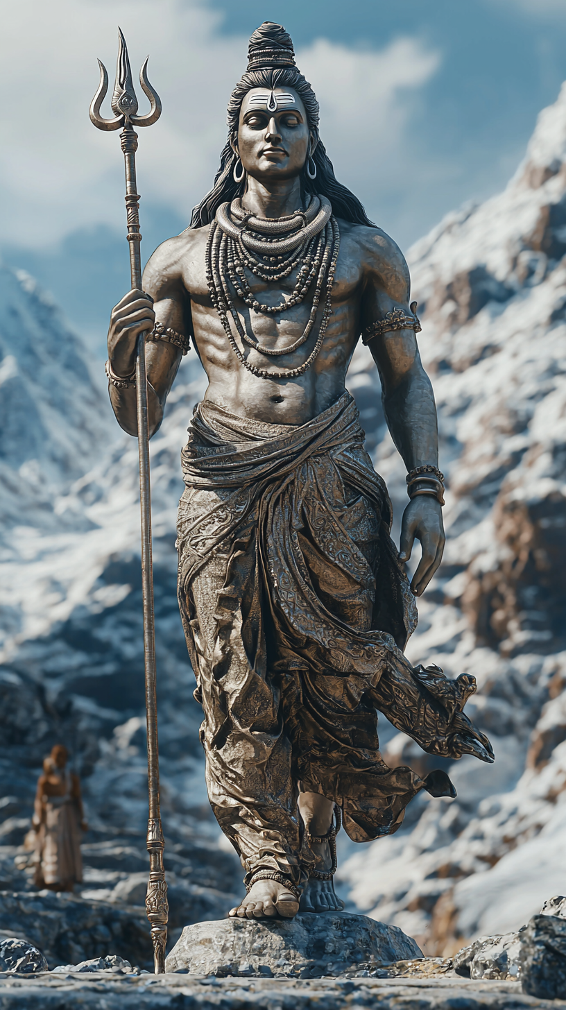 Lord Shiva stands amidst snowy mountains.