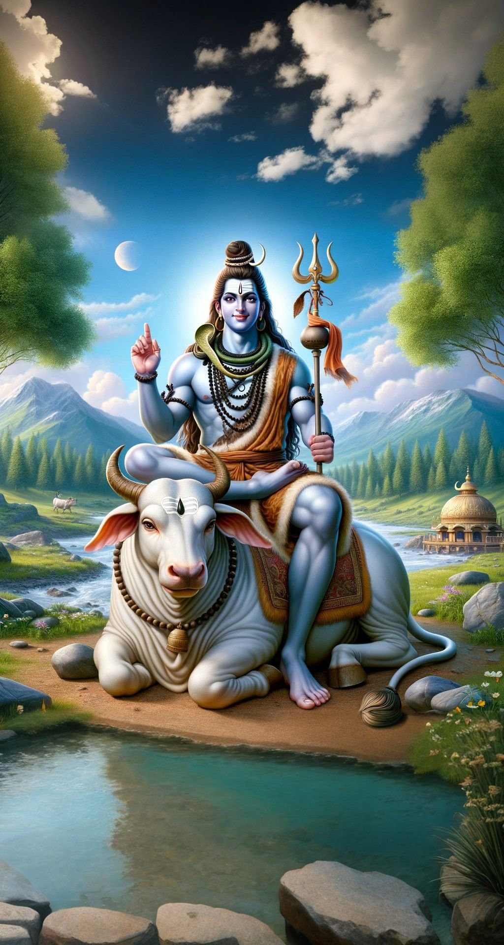 Shiva seated on Nandi amidst mountains.