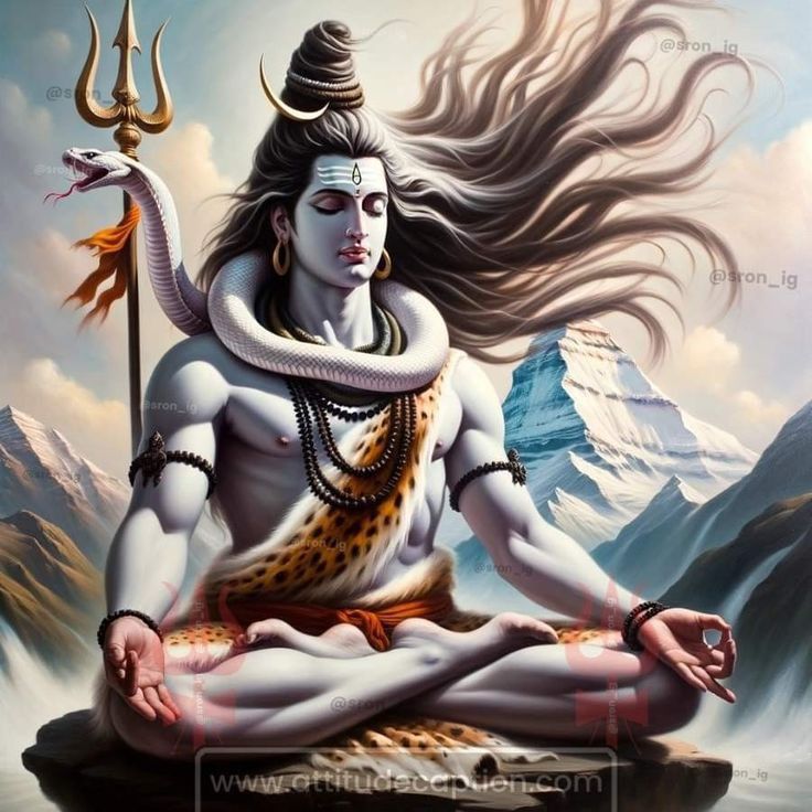 Meditating Shiva amidst snow-capped mountains.