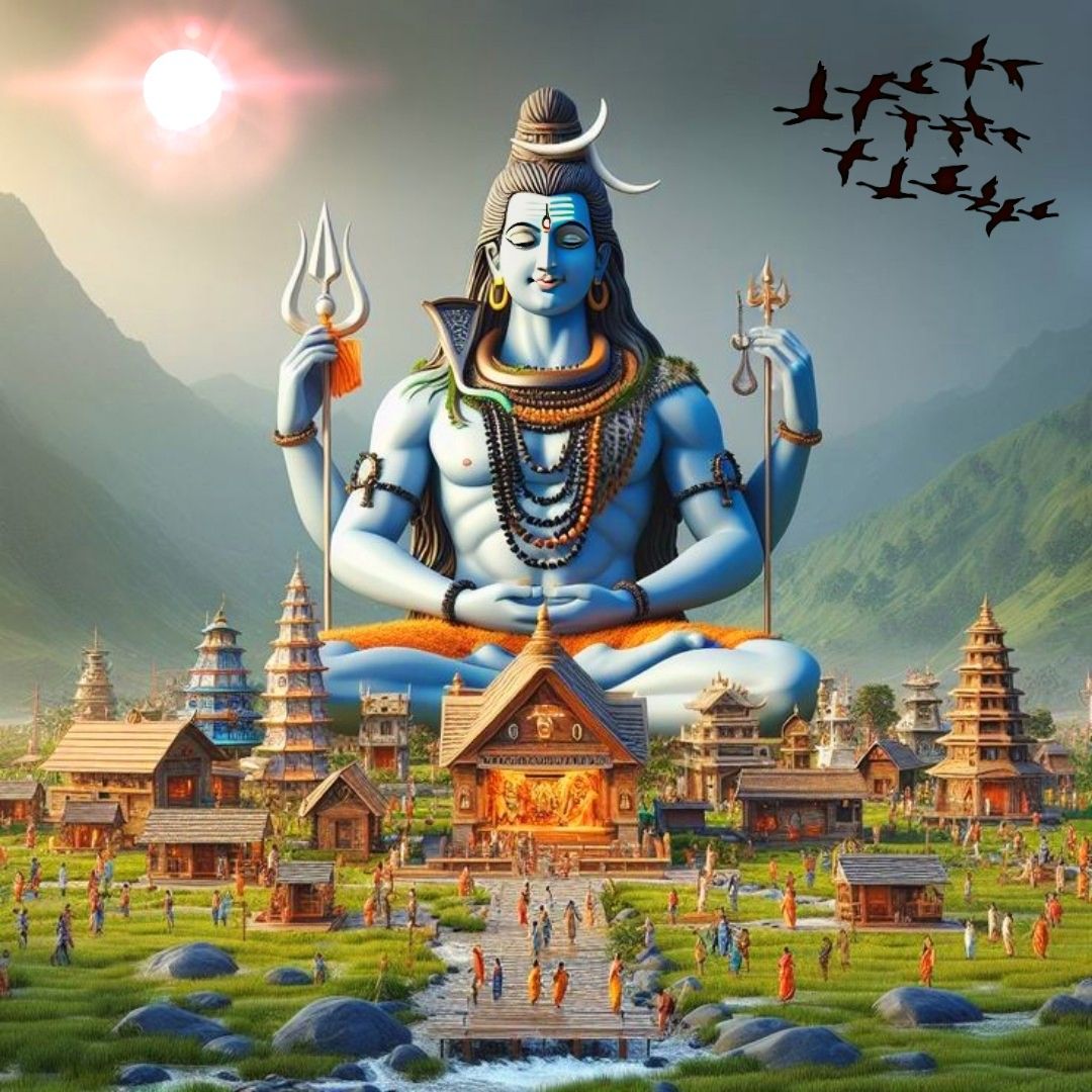 Meditating Shiva amidst Himalayan temples