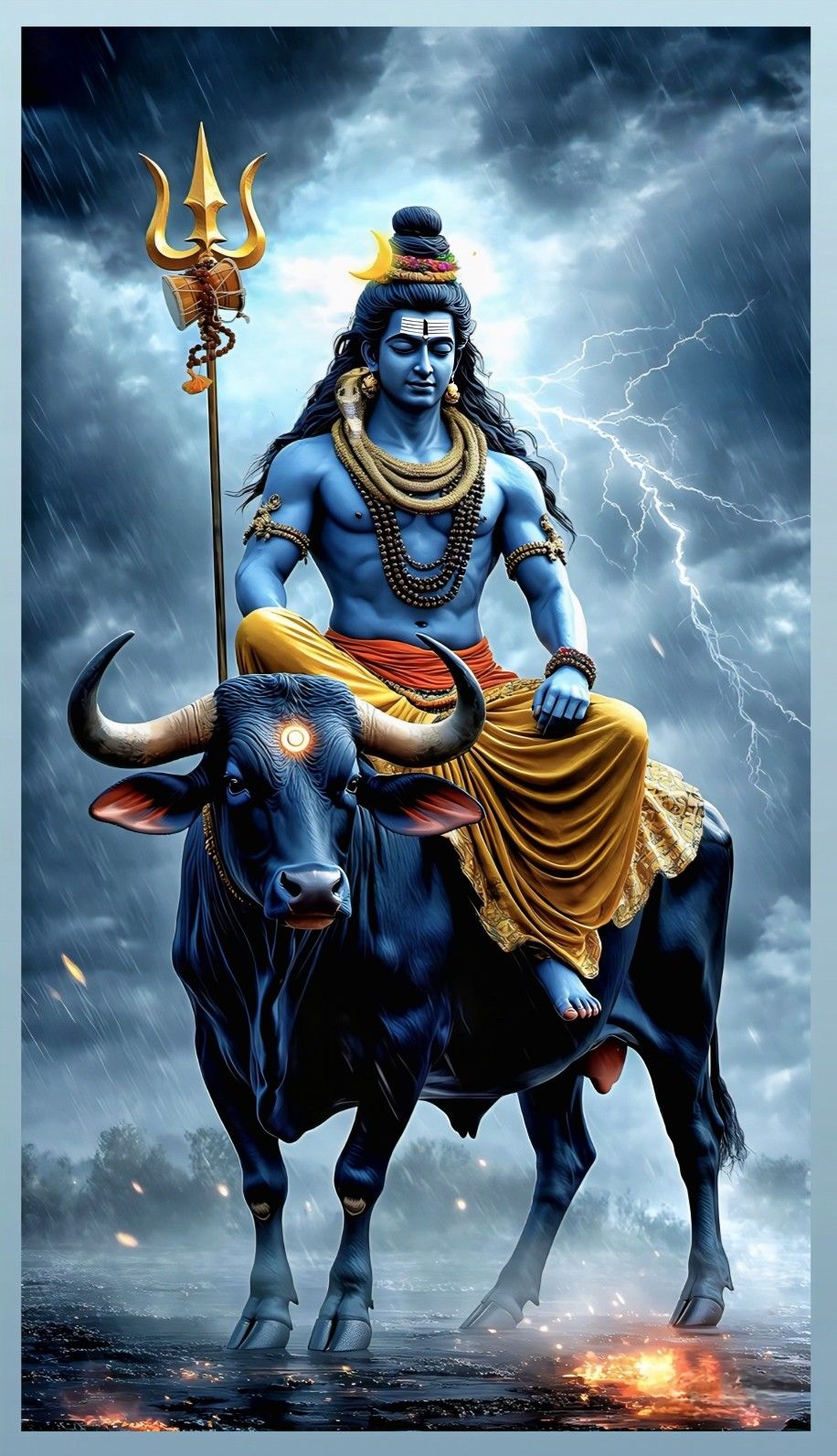 Shiva riding Nandi in a stormy sky