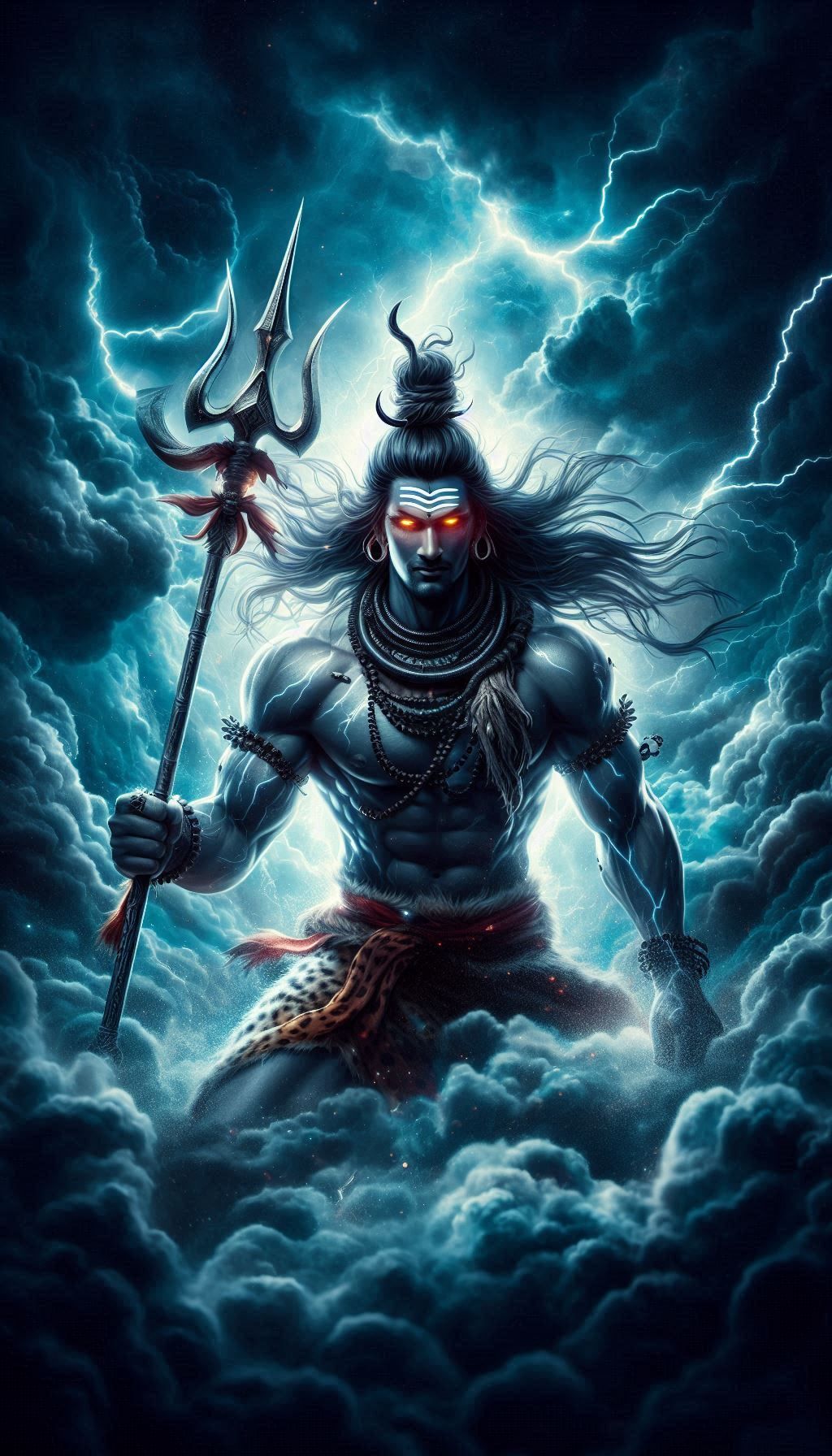Powerful Shiva with trident amidst storm