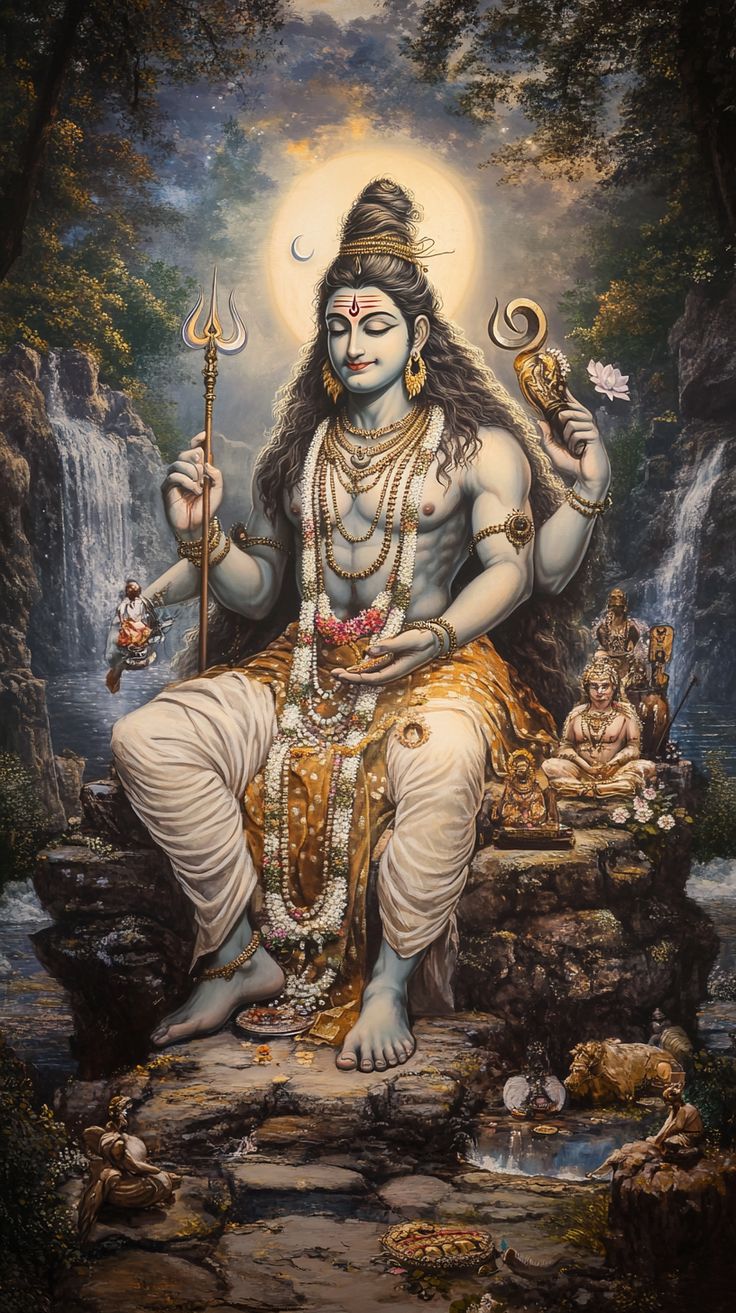 Meditating Shiva in a forest setting