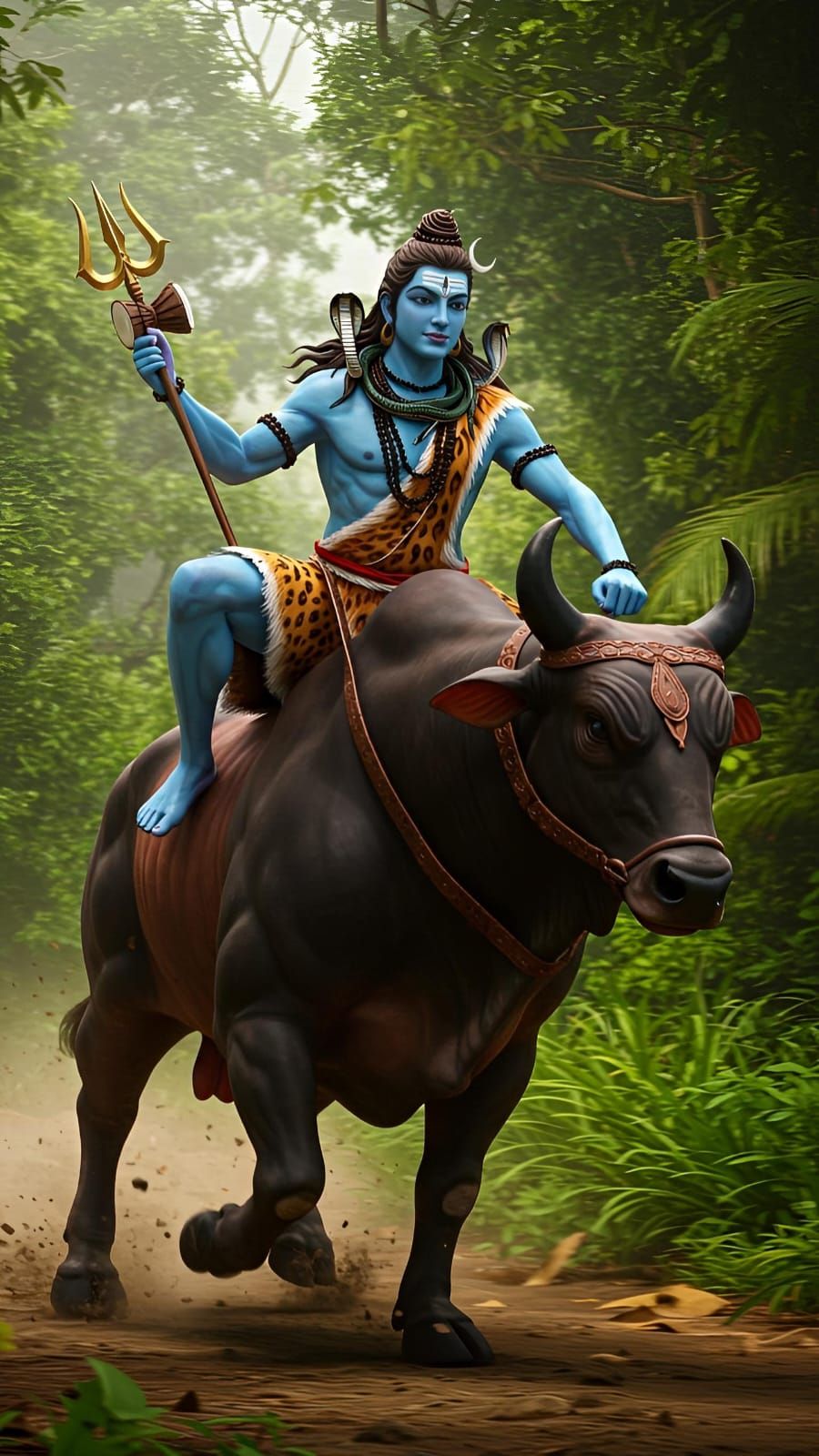 Shiva riding Nandi bull in forest.