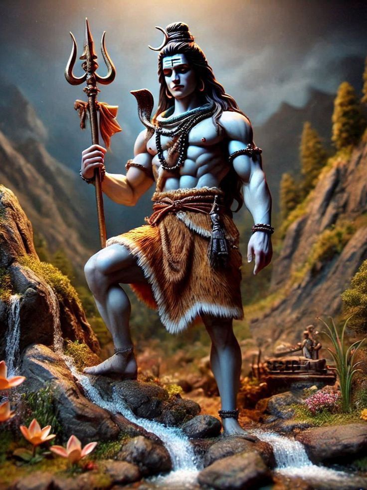 Shiva standing amidst mountains, powerful deity.