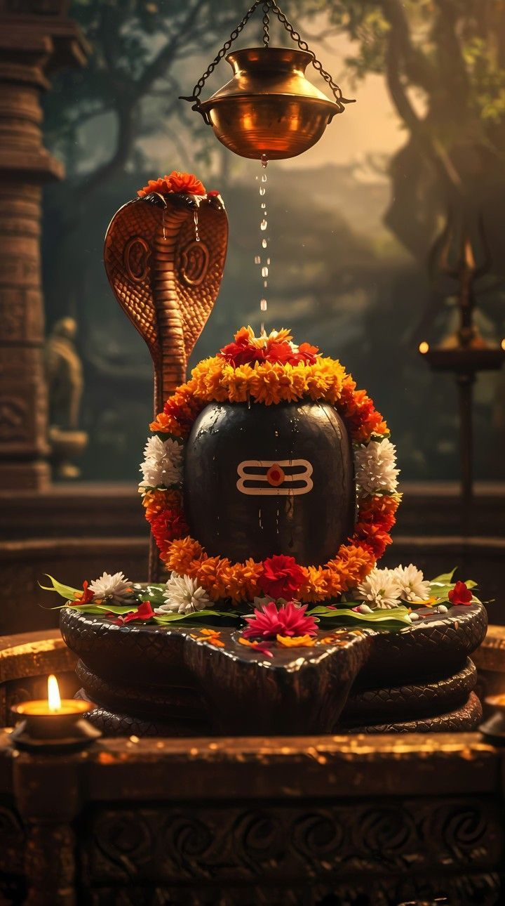 Shiva Linga with Cobra and Flowers