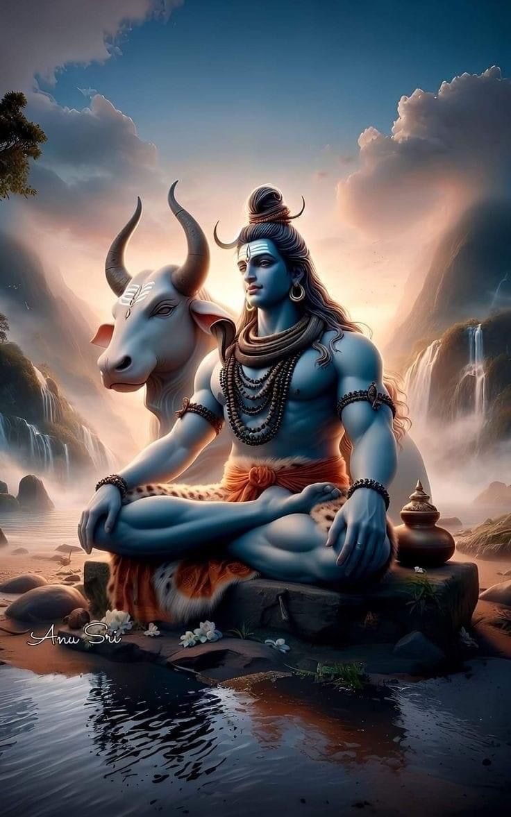 Shiva meditating with Nandi the bull
