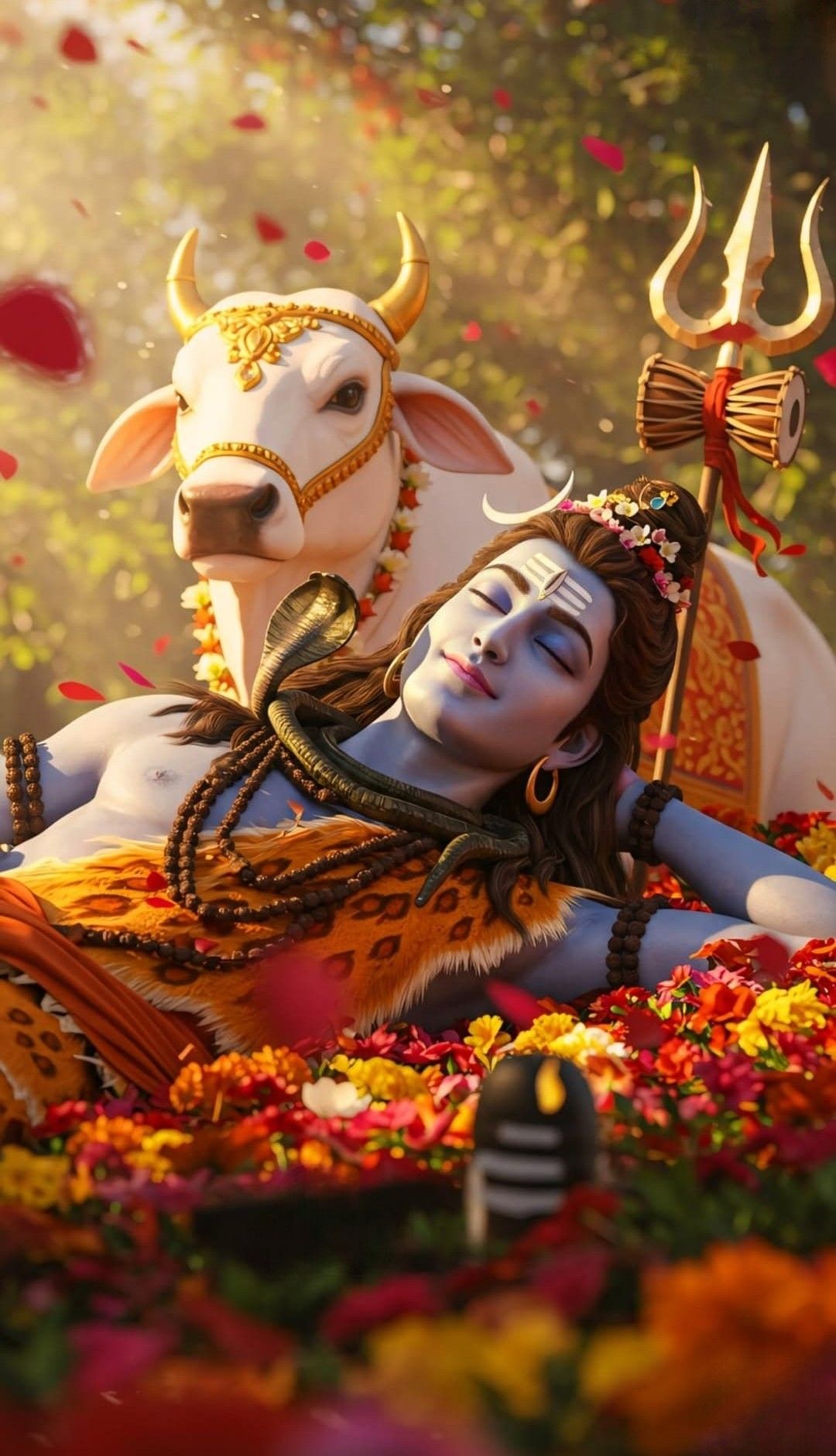 Shiva resting on Nandi, peaceful image.