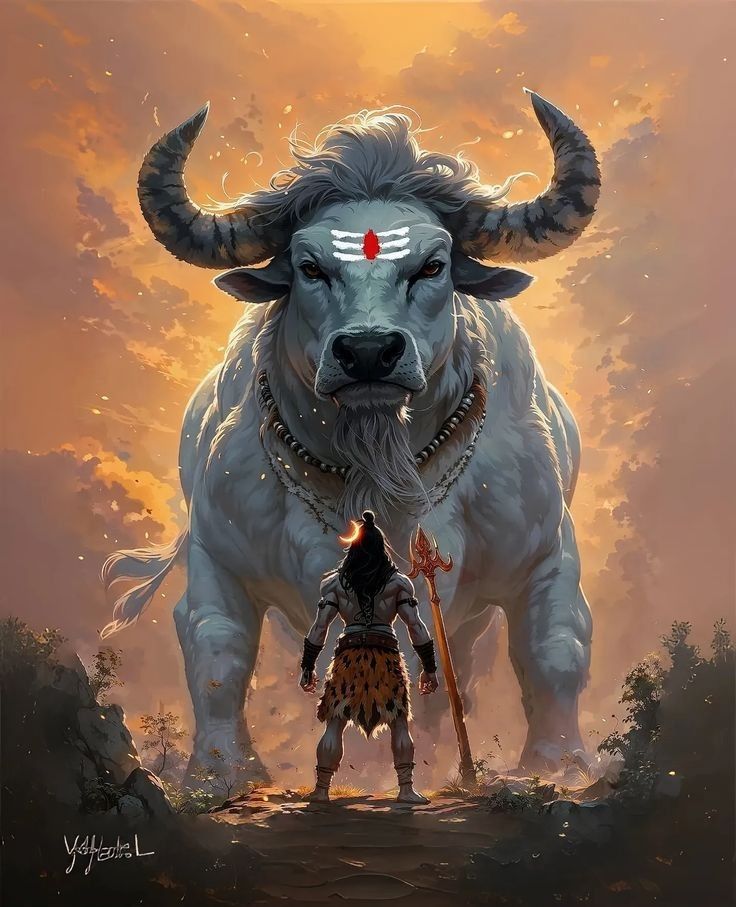 Shiva\'s Nandi and devotee in mountains