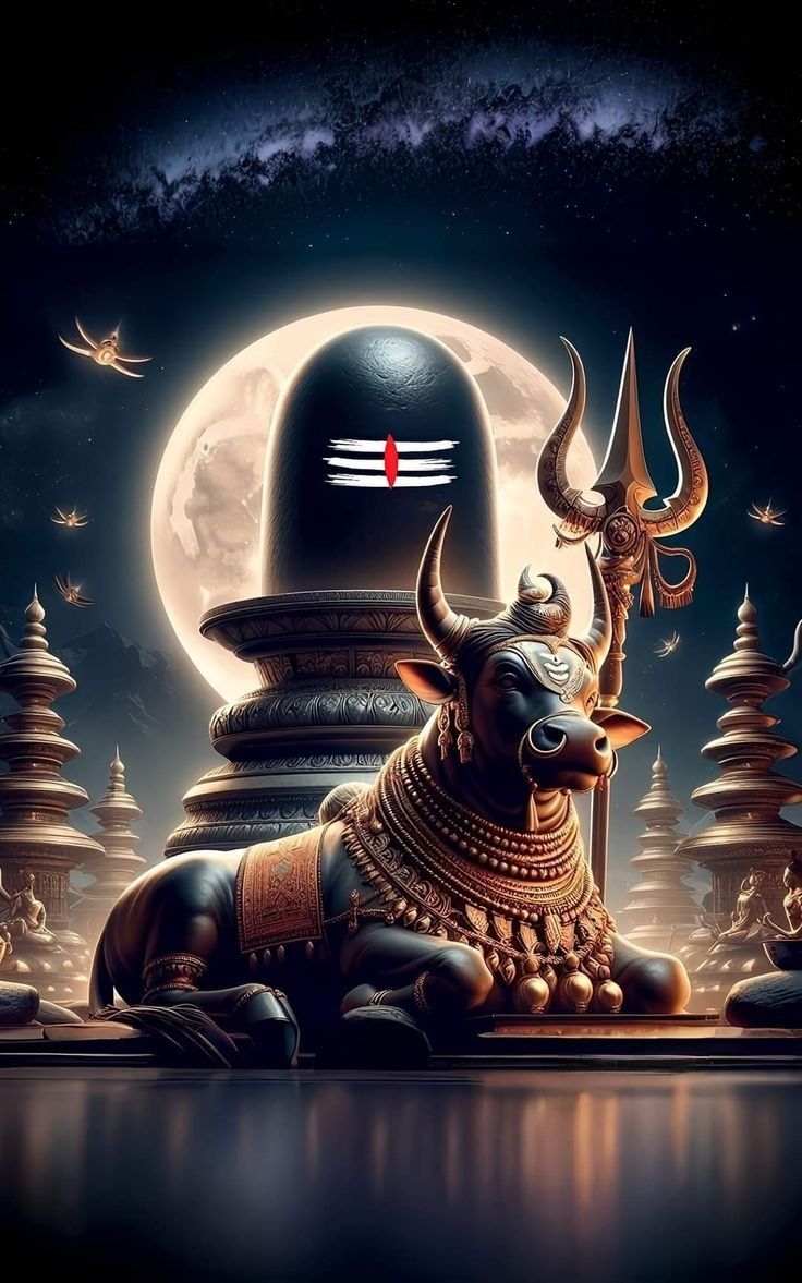 Shiva, Nandi, and the Shivalinga under moonlight