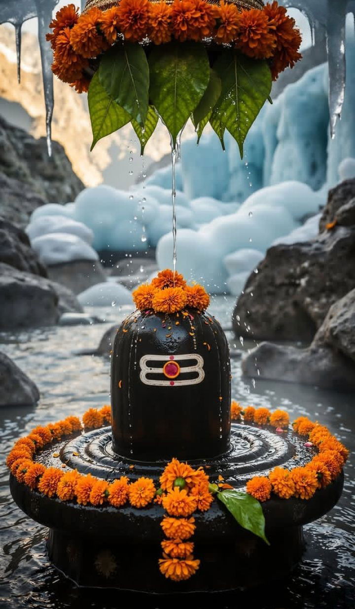 Shiva Lingam with Marigolds and Water