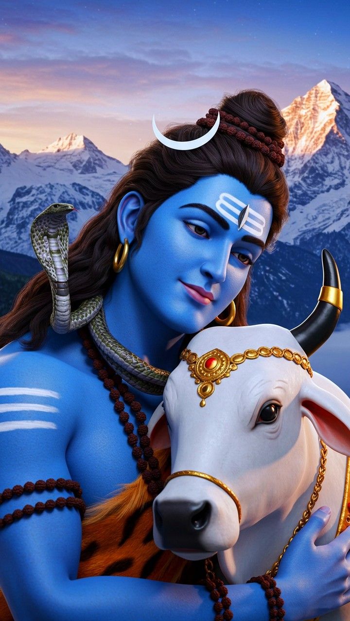 Shiva embracing Nandi in Himalayas