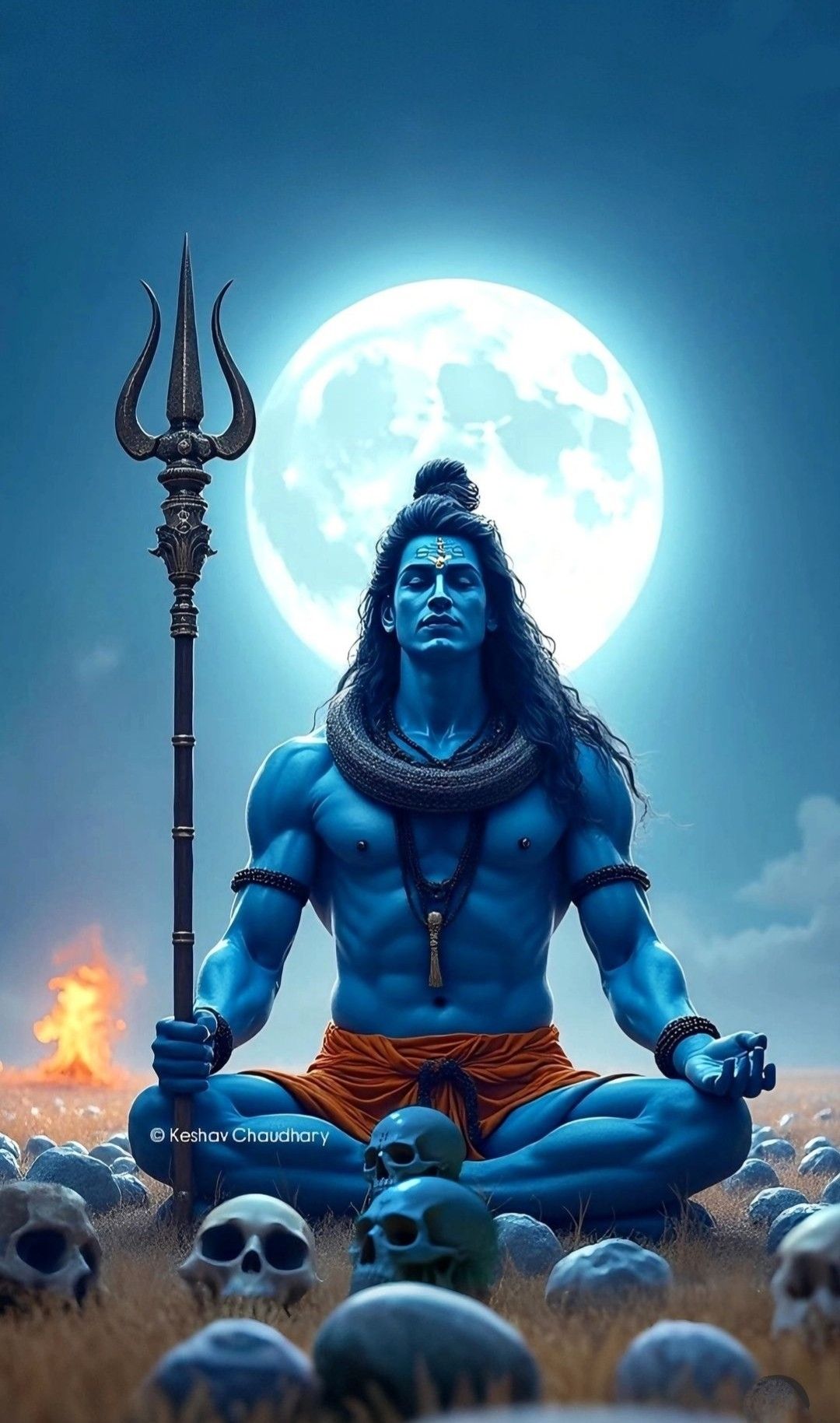 Meditating Shiva under the full moon.